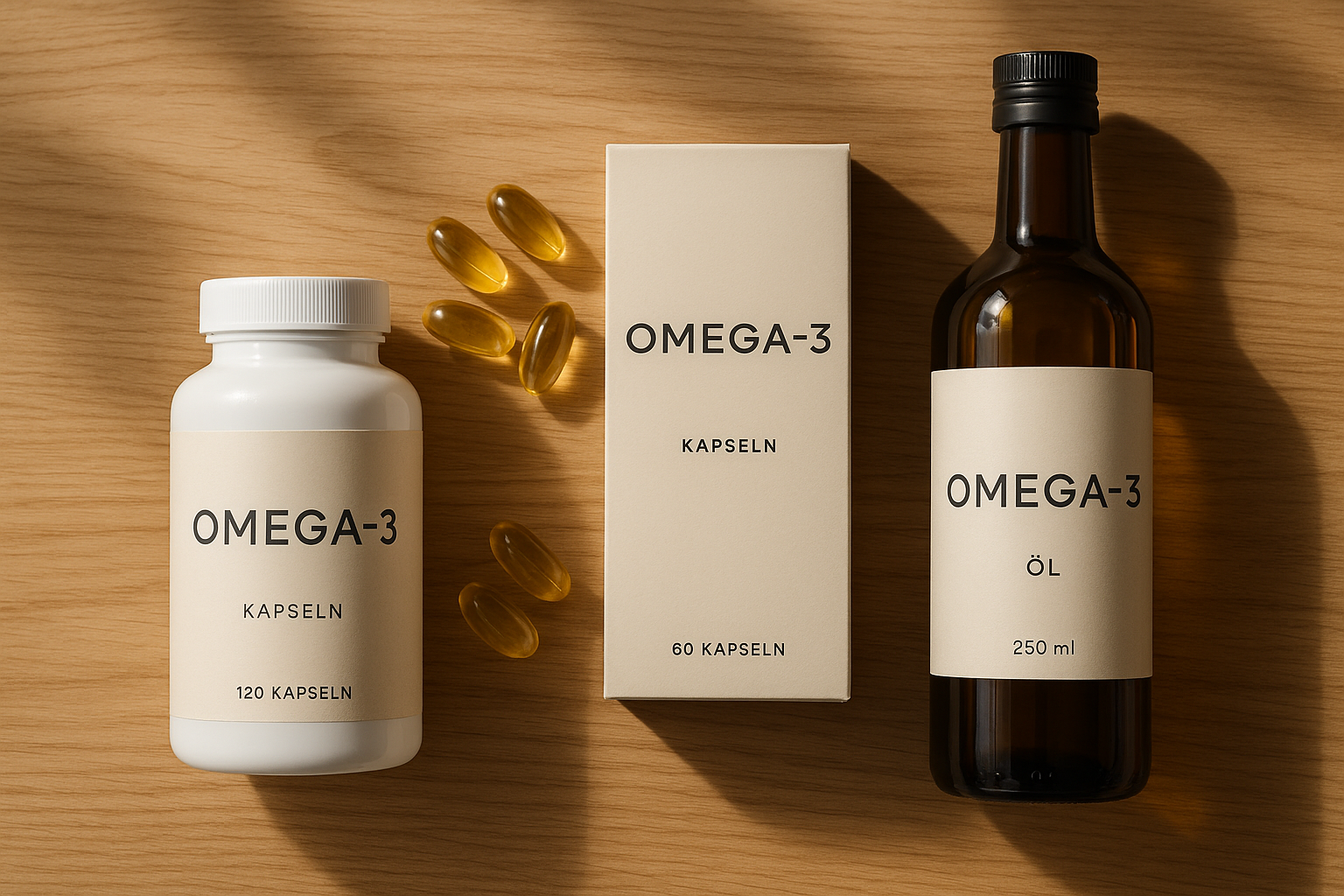 20251107 1456 omega 3 produkte stillleben simple compose 01k9f9jvvzfytv5mpvprdxyevx