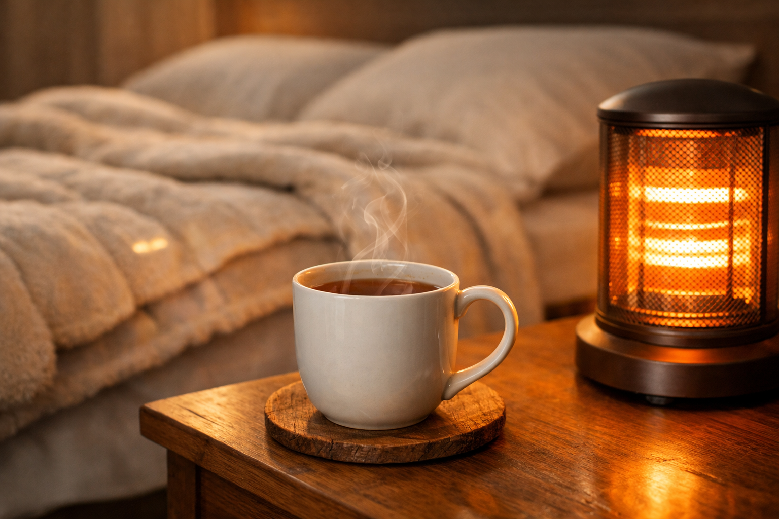Eine Tasse Tee neben einem Heizstrahler.