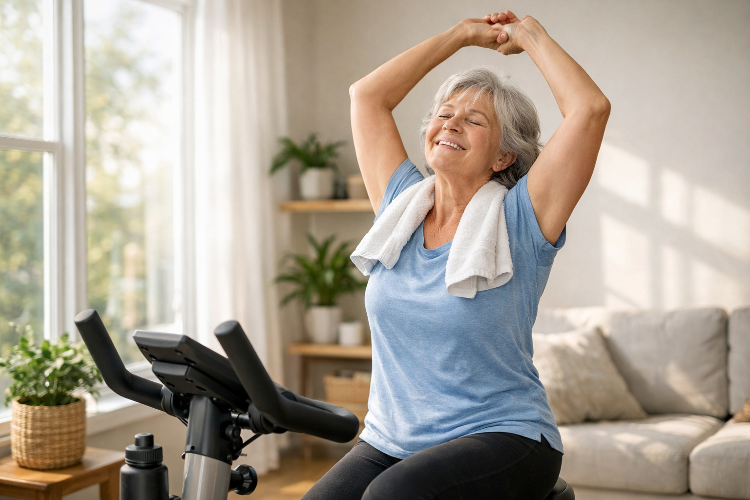 Eine glückliche Frau auf einem gelenkschonenden Ergometer nach einem Workout.