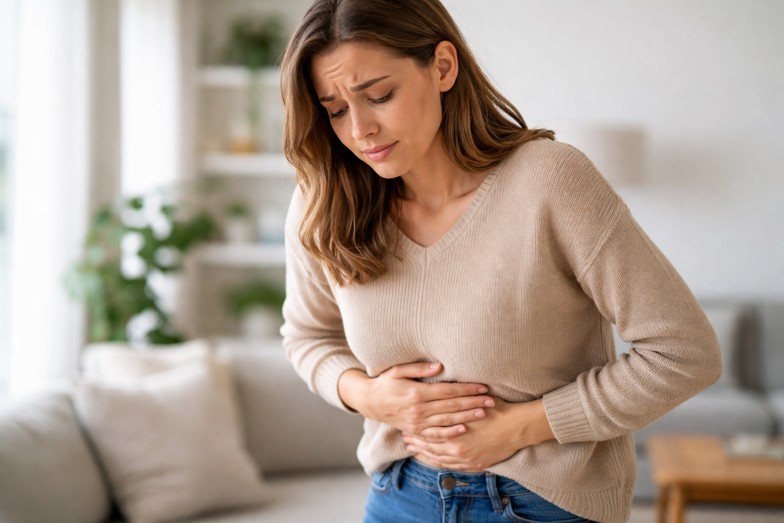 Symbolbild: Eine Person hält sich den Bauch, verdeutlichend wie Stress, Darm, Psyche und Verdauung zusammenhängen
