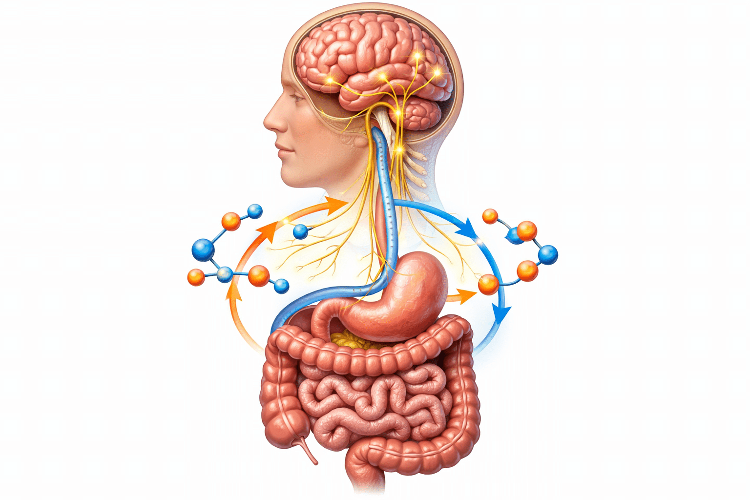 Symbolbild: Visualisierung der Darm-Hirn-Achse, die Verbindung zwischen Gehirn und Darm. Zeigt wie Stress und Darm zusammenhängen.
