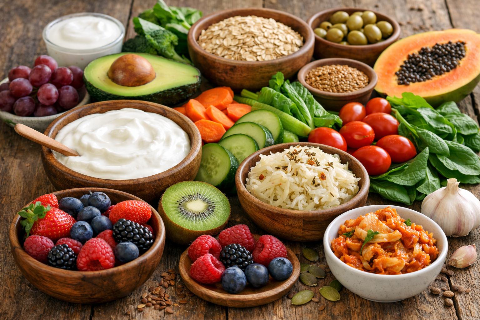 Symbolbild: Eine Auswahl an gesunden, darmfreundlichen Lebensmitteln auf einem Tisch.