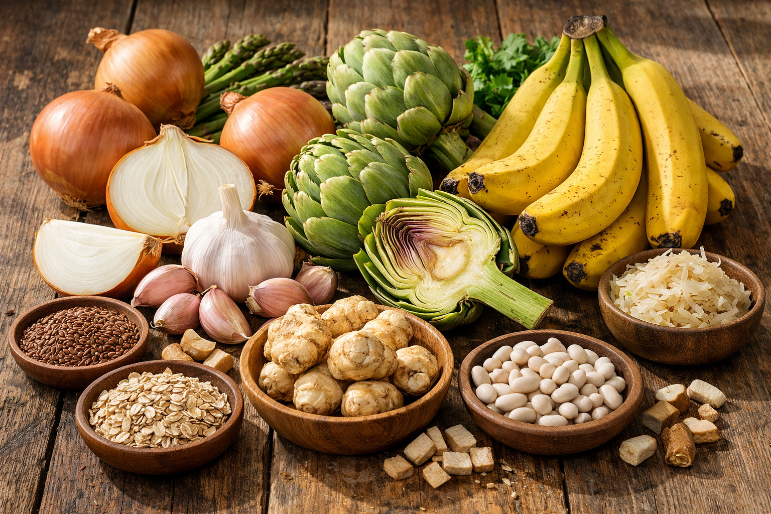 Präbiotische Lebensmittel für die Darmflora: Zwiebeln, Artischocken, Bananen und vieles mehr.
