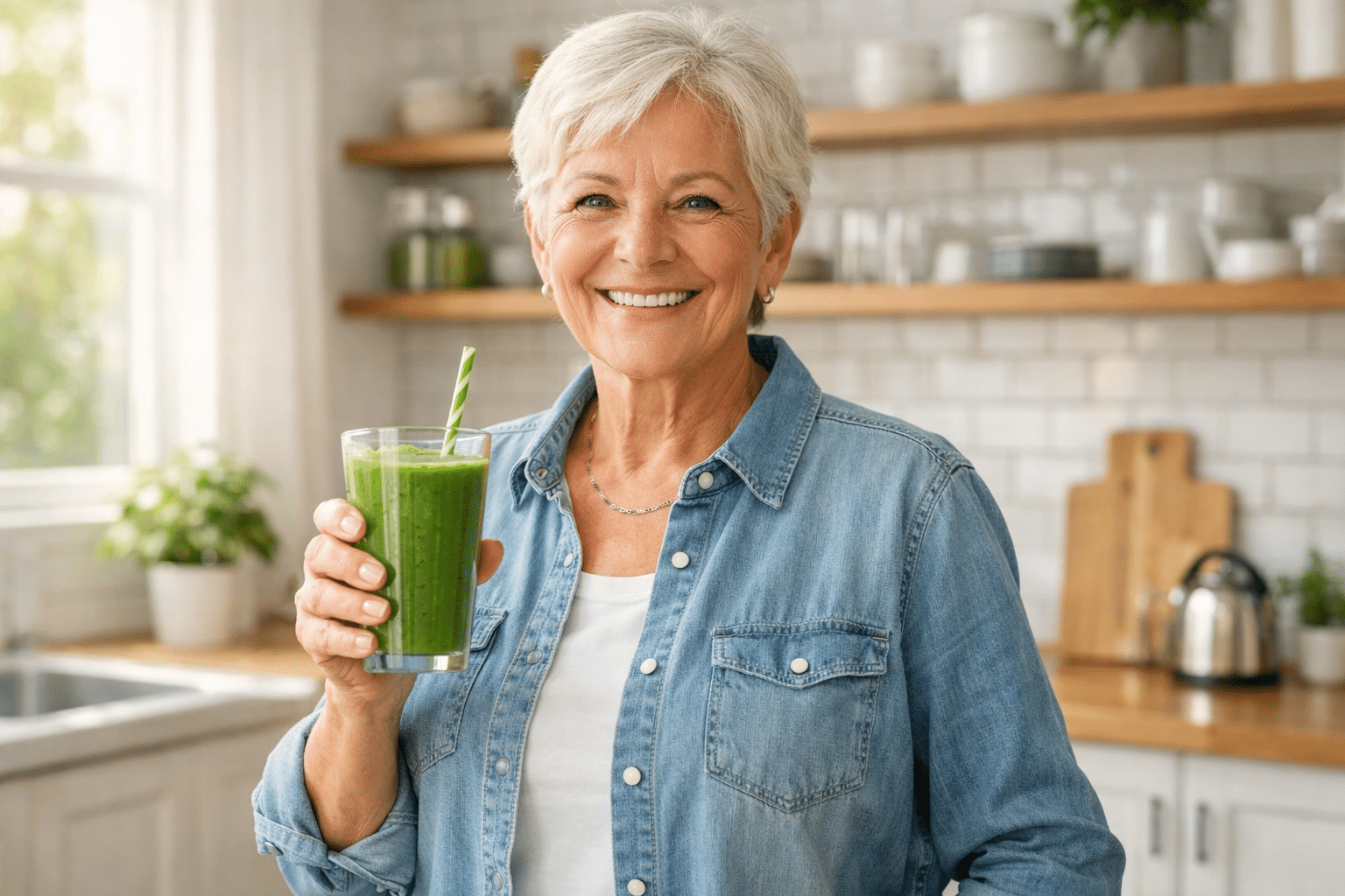 Ältere Frau genießt einen gesunden grünen Smoothie für Darmgesundheit