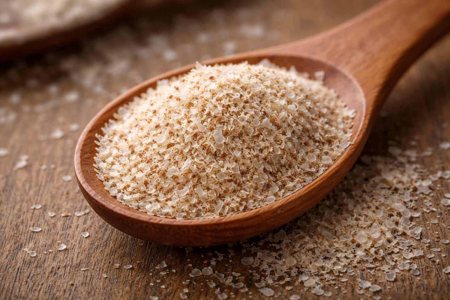 Flohsamenschalen auf einem Holzlöffel als präbiotisches Nahrungsergänzungsmittel