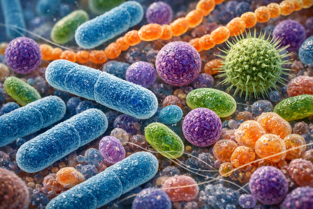 Verschiedene probiotische Bakterienstämme unter dem Mikroskop